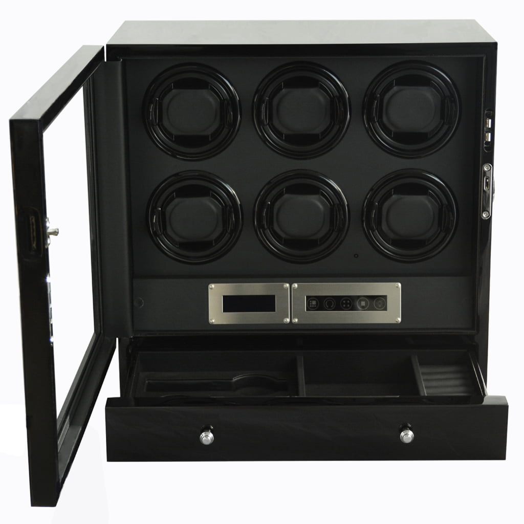 Black six watch winder with open glass door, six winding positions and open storage drawer