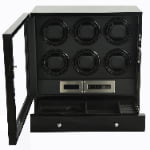 Black six watch winder with open glass door, six winding positions and open storage drawer