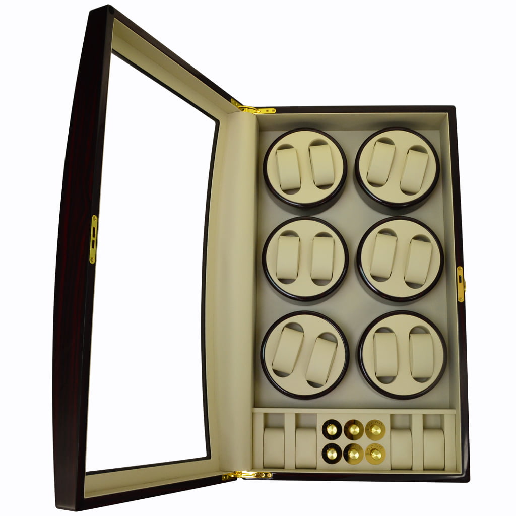 Open ebony 12 watch winder showing six dual-watch winding modules and four storage positions