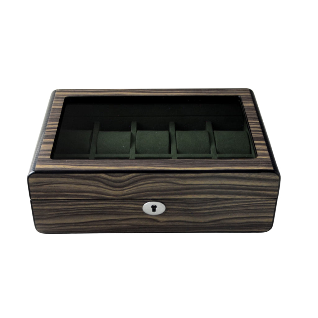 High Glossy Dark Oak Grain Spliced Carbon Fiber 10 Watch Case with Green Velvet Interior