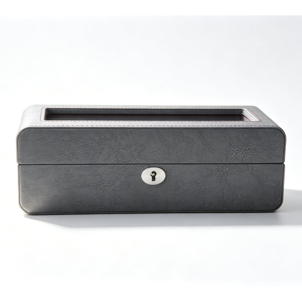 PU Leather Gray 5 Watch Case with Burgundy Velvet Interior