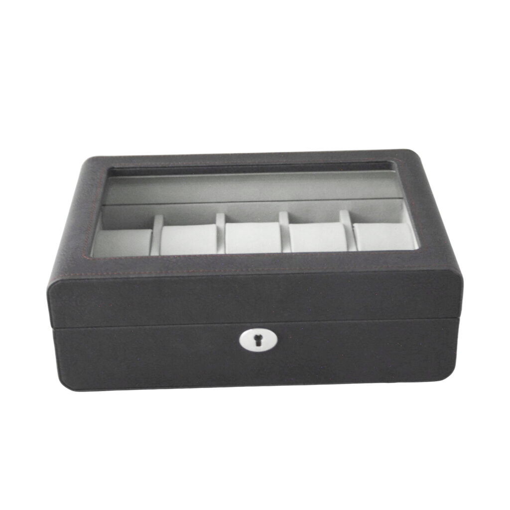 PU Leather Black 10 Watch Case with Grey Velvet Interior