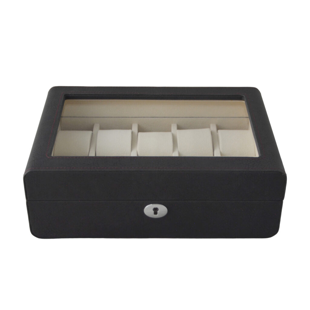PU Leather Black 10 Watch Case with Grey Velvet Interior