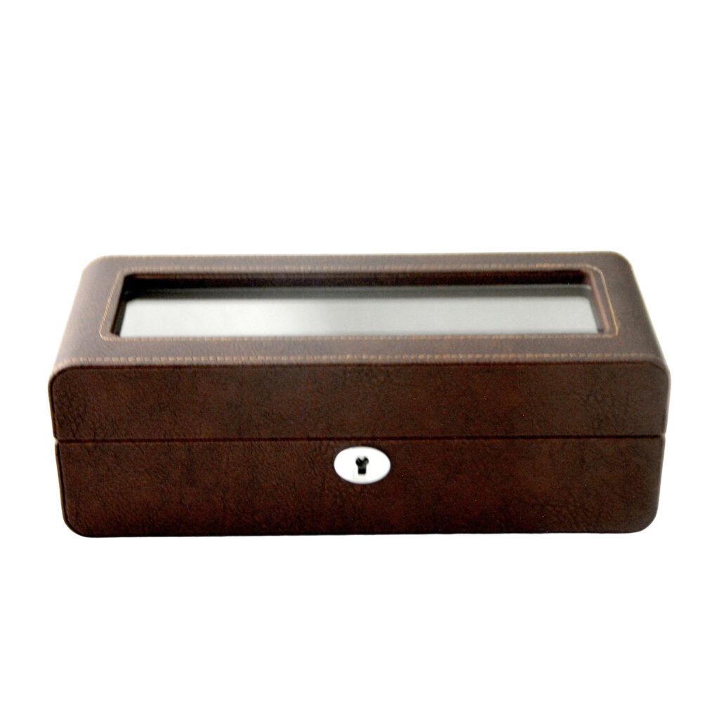 PU Leather Brown 5 Watch Case with Grey Velvet Interior