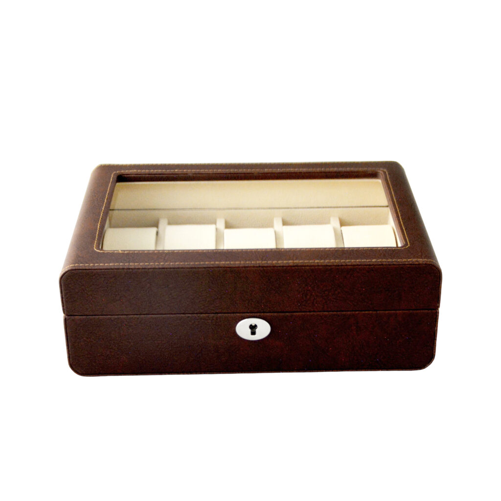 PU Leather Brown 10 Watch Case with Ivory Velvet Interior
