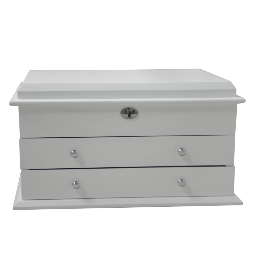 Jewelry collection box with white glossy exterior and drawer storage design