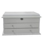Jewelry collection box with white glossy exterior and drawer storage design