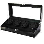 Open 8 watch winder with four black winding modules and black PU leather-wrapped interior