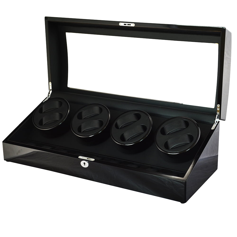 Open 8 watch winder with four black winding modules and black PU leather-wrapped interior