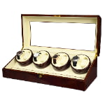Open 8 watch winder displaying watches on four winding modules with beige interior