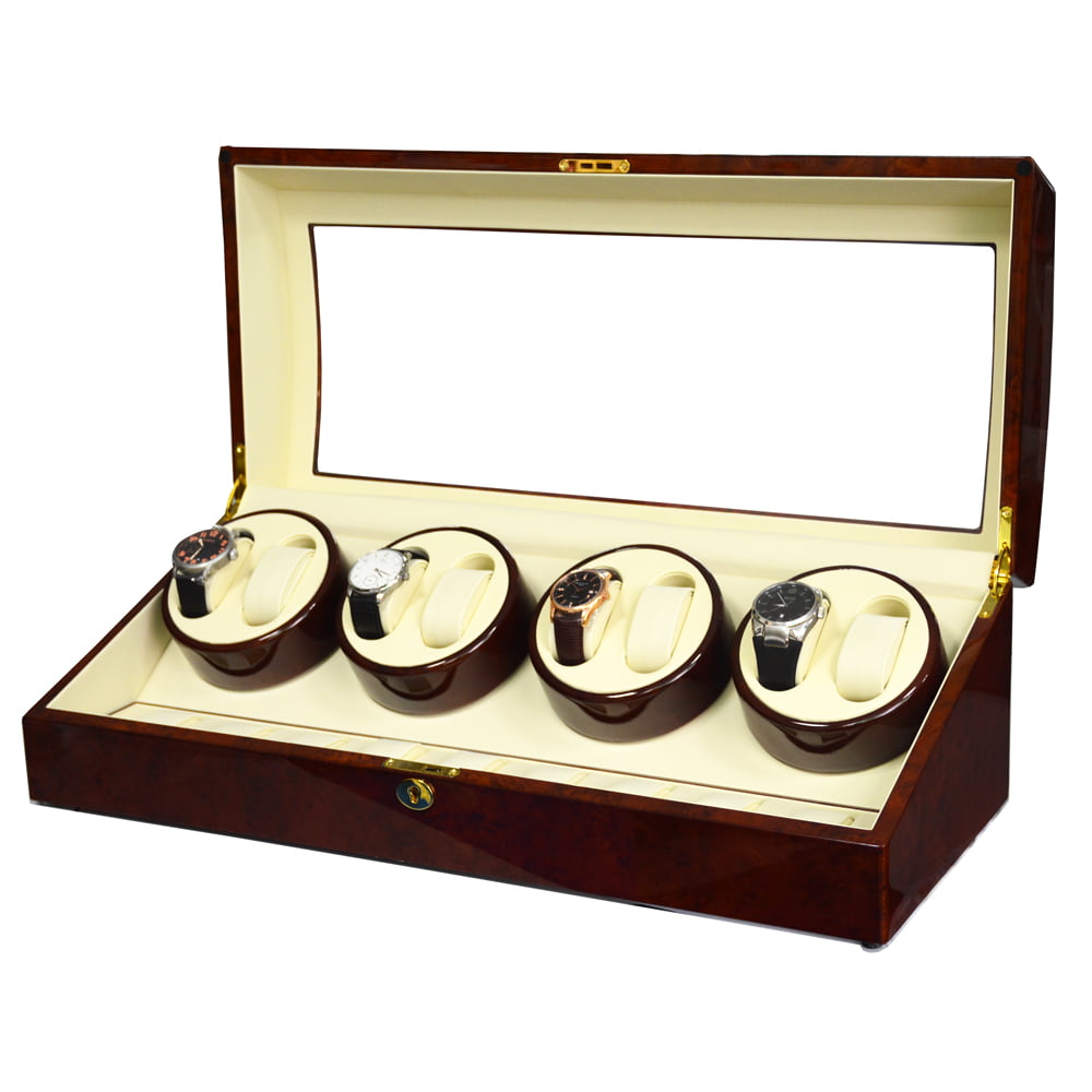 Open 8 watch winder displaying watches on four winding modules with beige interior
