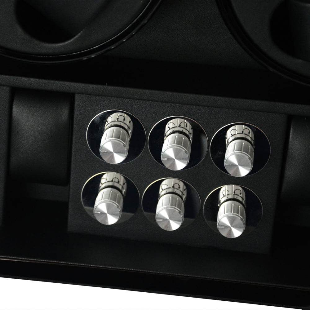 12 watch winder close-up showing six silver knob controls in black PU leather-wrapped interior
