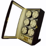 Ebony high-gloss 12 watch winder with open tempered glass door and beige PU leather-wrapped interior