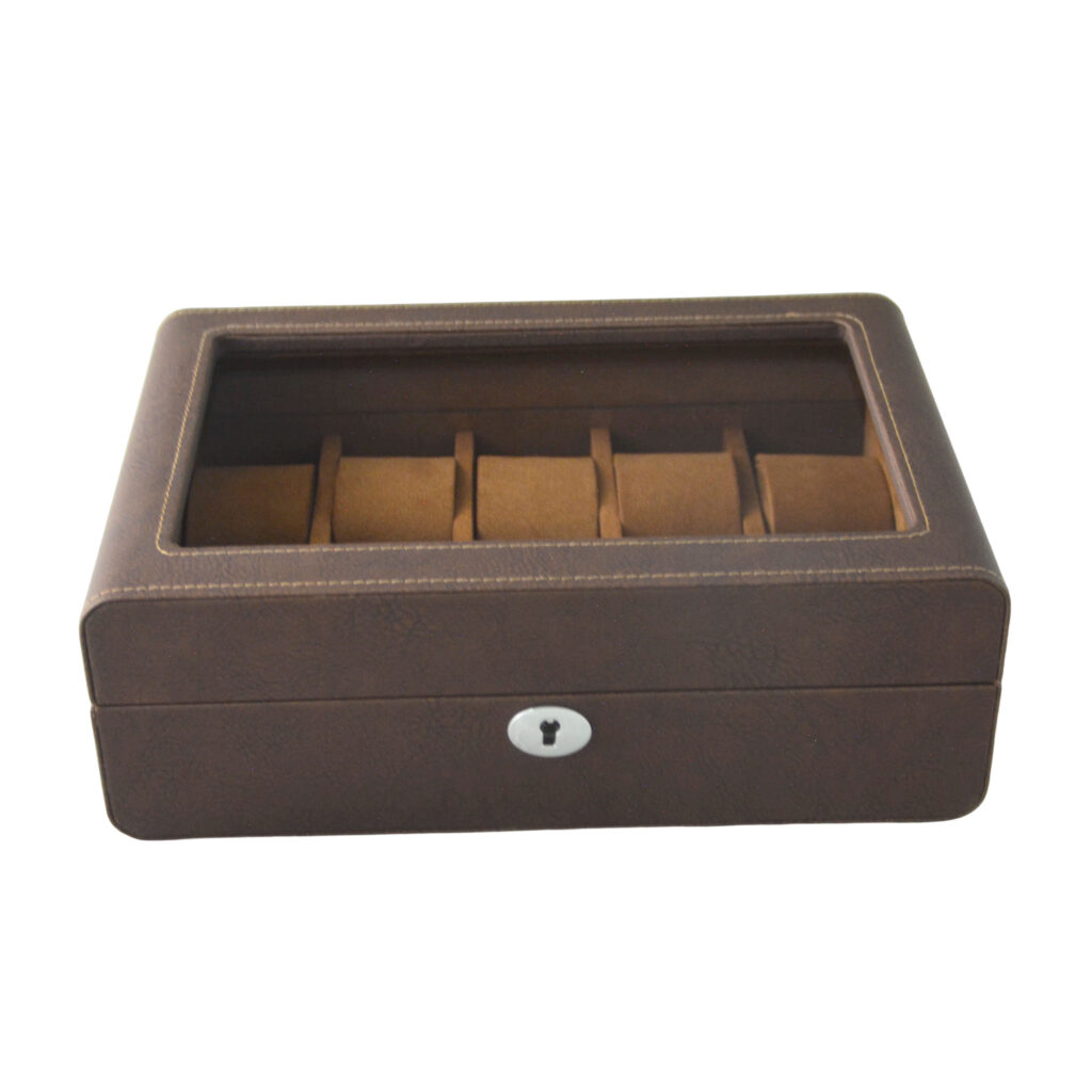 Brown PU leather watch display box with tempered glass window