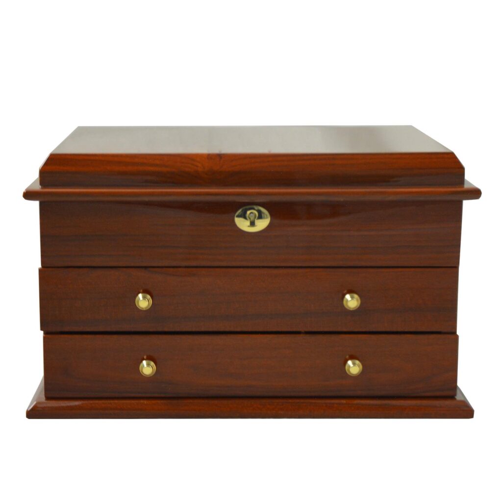 High-gloss teak jewelry case with drawer storage and lock detail