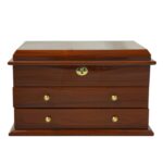 High-gloss teak jewelry case with drawer storage and lock detail
