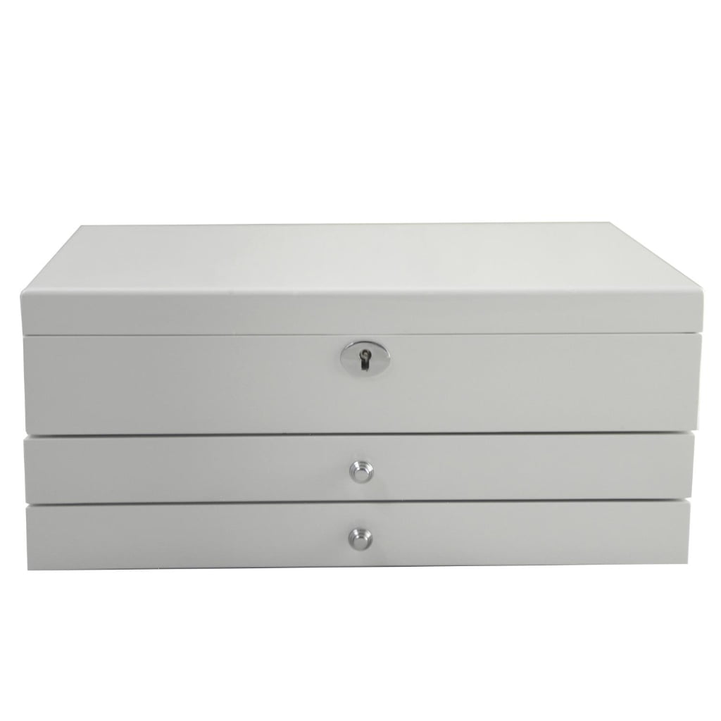 High gloss white jewelry case with lock closure and drawer design