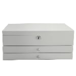 High gloss white jewelry case with lock closure and drawer design
