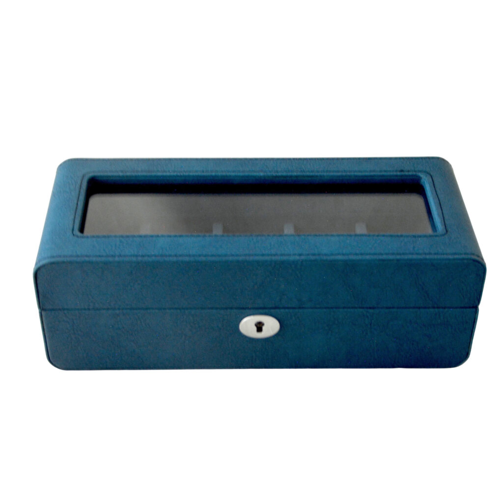 Blue PU leather watch box with tempered glass display window and lock