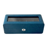 Blue PU leather watch box with tempered glass display window and lock
