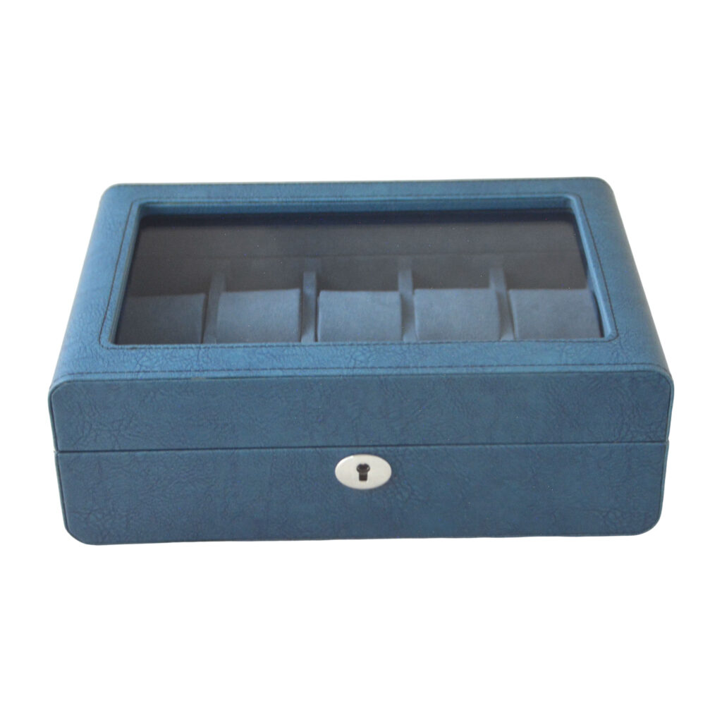 Blue PU leather 10 watch box with tempered glass display window
