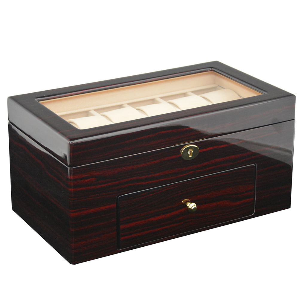 20 slot watch case with high gloss ebony exterior and glass display window