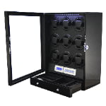 9 slot watch winder with black finish, LED light and open glass display door