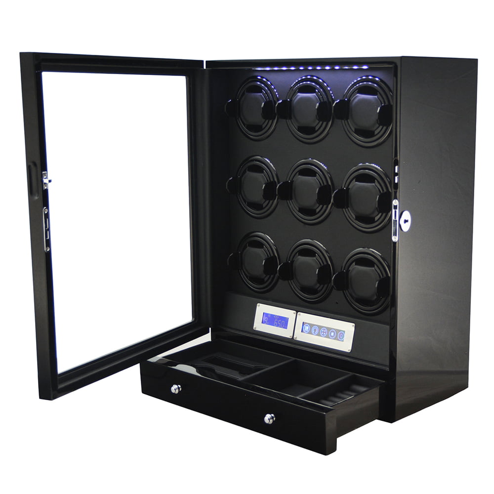 9 slot watch winder with black finish, LED light and open glass display door
