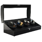 Open black 8 watch winder displaying watches across four dual-watch winding modules