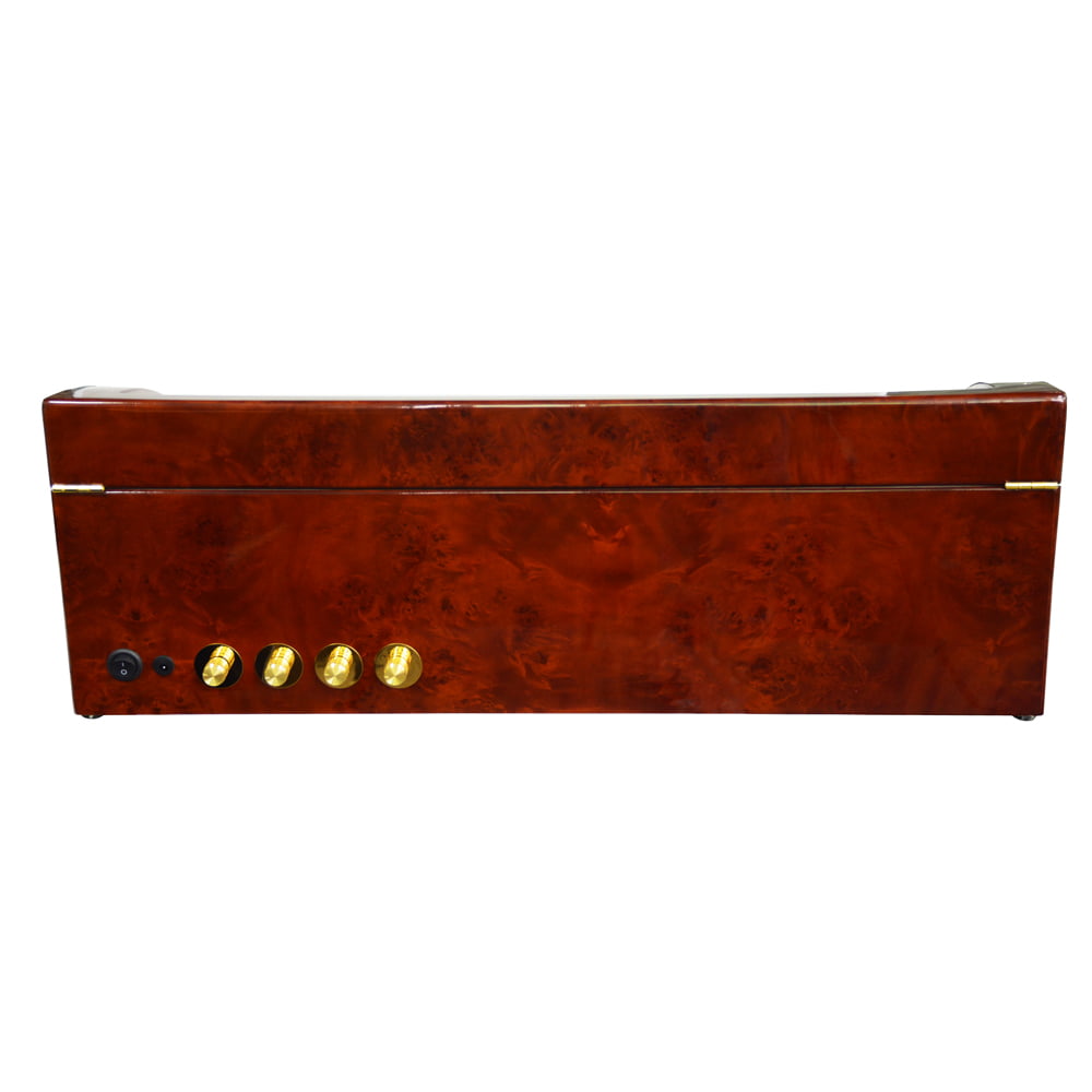Rear of high-gloss 8 watch winder with four gold-tone knob controls and power connection