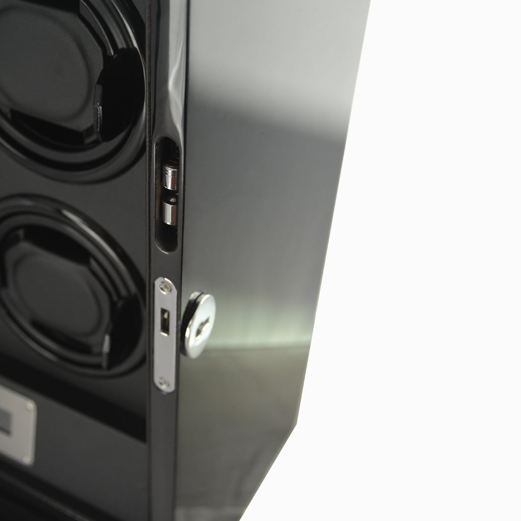 Black six watch winder close-up showing standard hardware lock and high-gloss cabinet finish