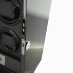 Black six watch winder close-up showing standard hardware lock and high-gloss cabinet finish