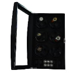 Open black 12 watch winder displaying watches across dual-watch winding modules with lower control panel