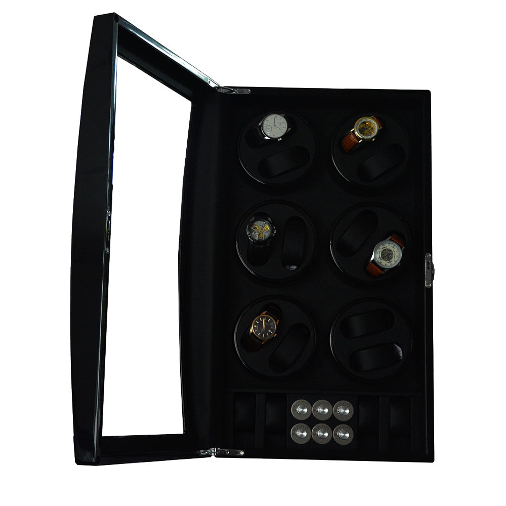 Open black 12 watch winder displaying watches across dual-watch winding modules with lower control panel
