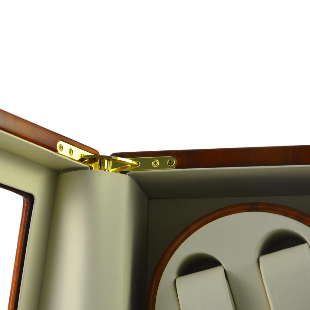 High-gloss watch winder cabinet with gold-tone hardware lock beside dual-watch winding modules