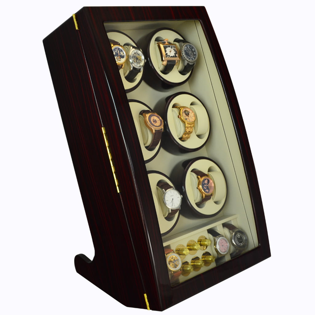 Ebony 12 watch winder displaying multiple watches behind tempered glass with additional lower storage positions