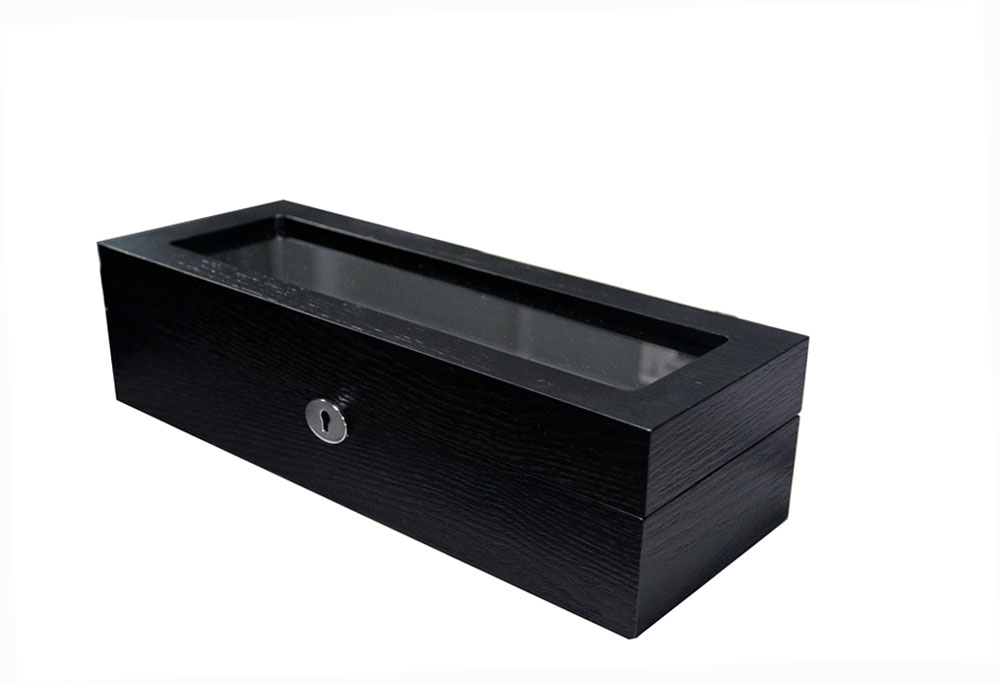 5 watch wood veneer case with open tempered glass display and PU leather interior