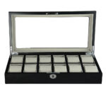 12 watch case with grey velvet cushions and open glass display