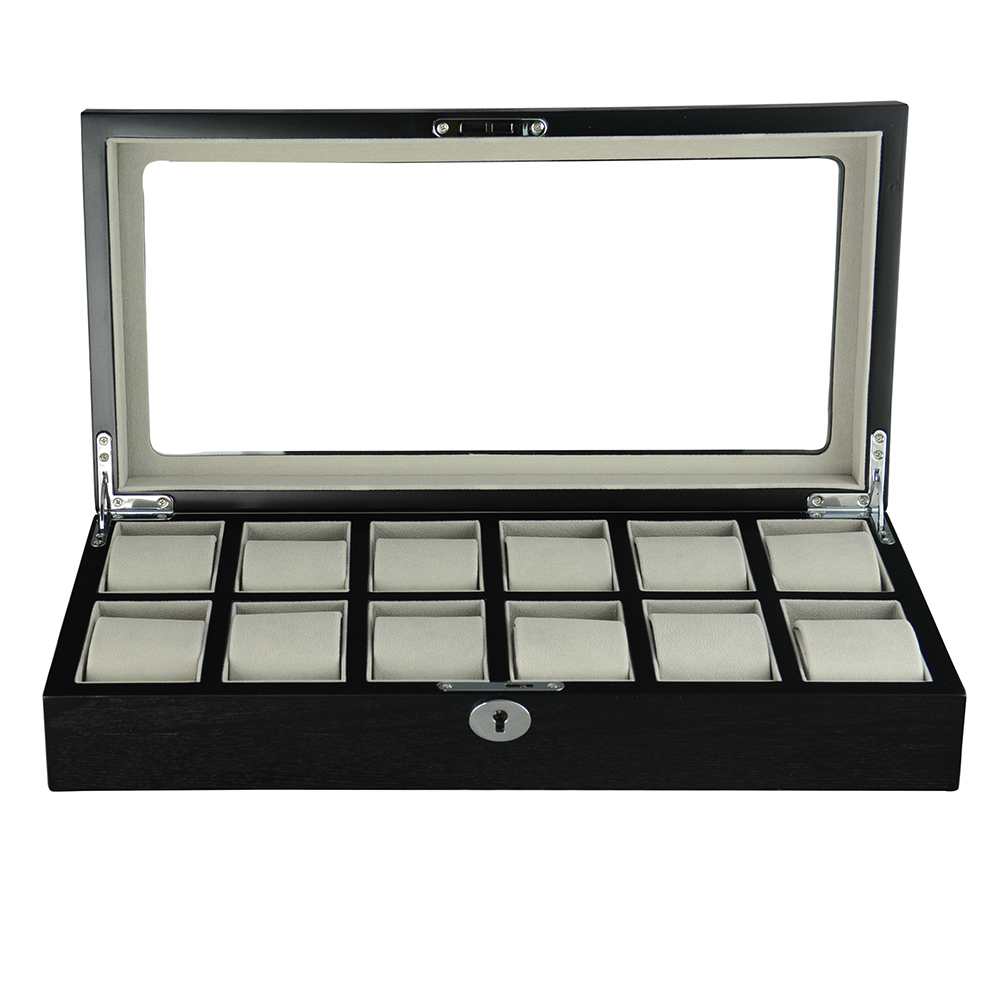 12 watch case with grey velvet cushions and open glass display