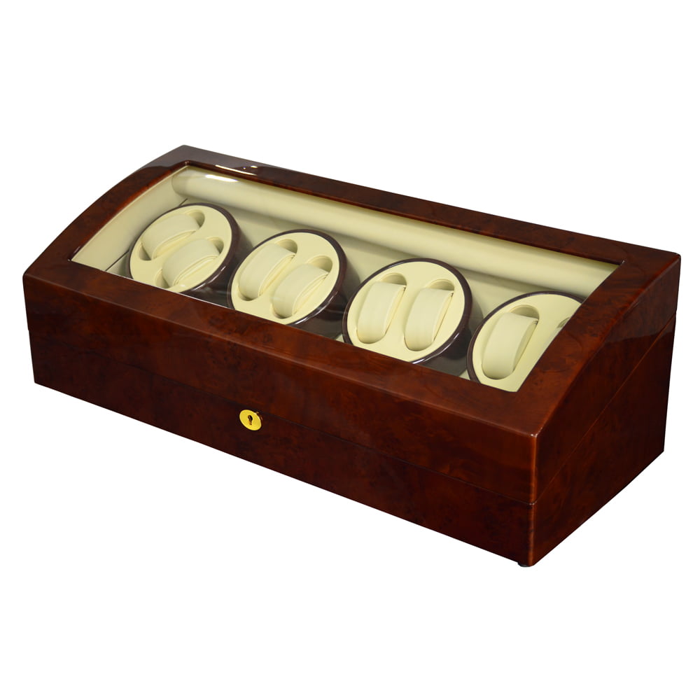 Closed 8 watch winder with high-gloss wood finish, beige cushions and tempered glass display window