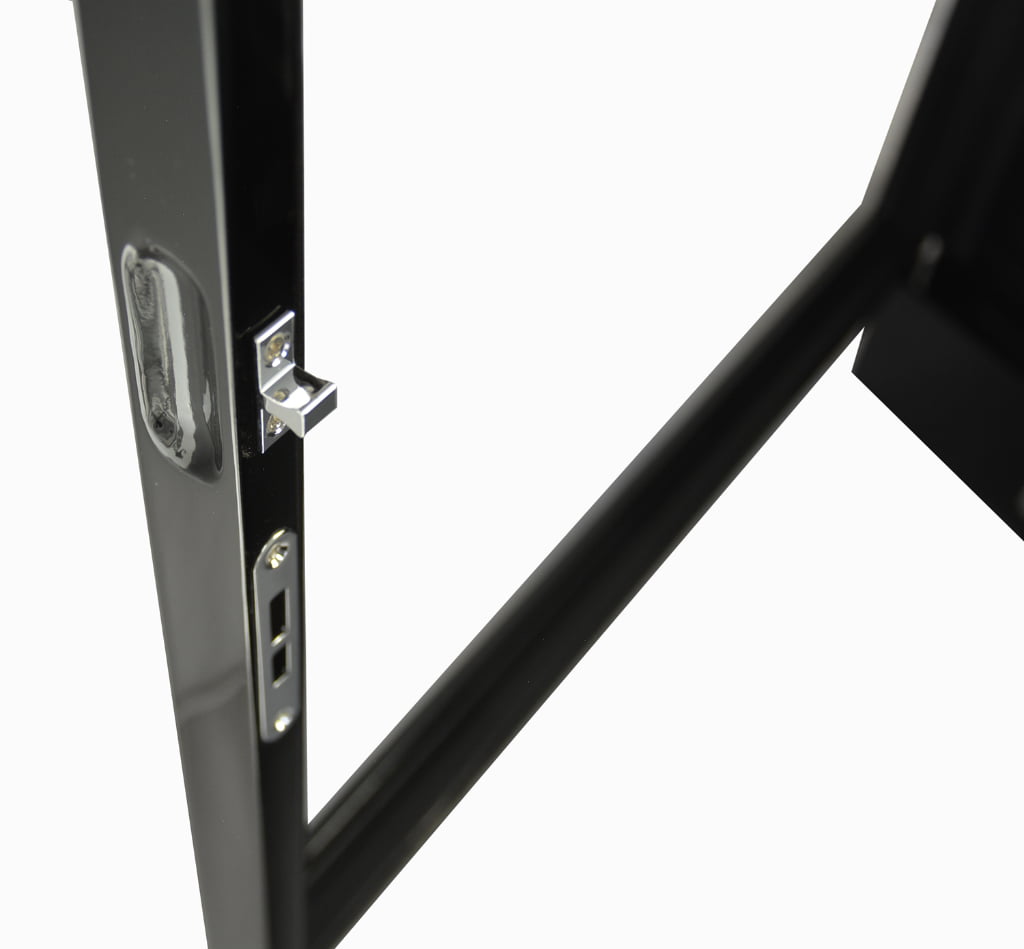 Six watch winder tempered glass door close-up showing latch hardware and black high-gloss frame