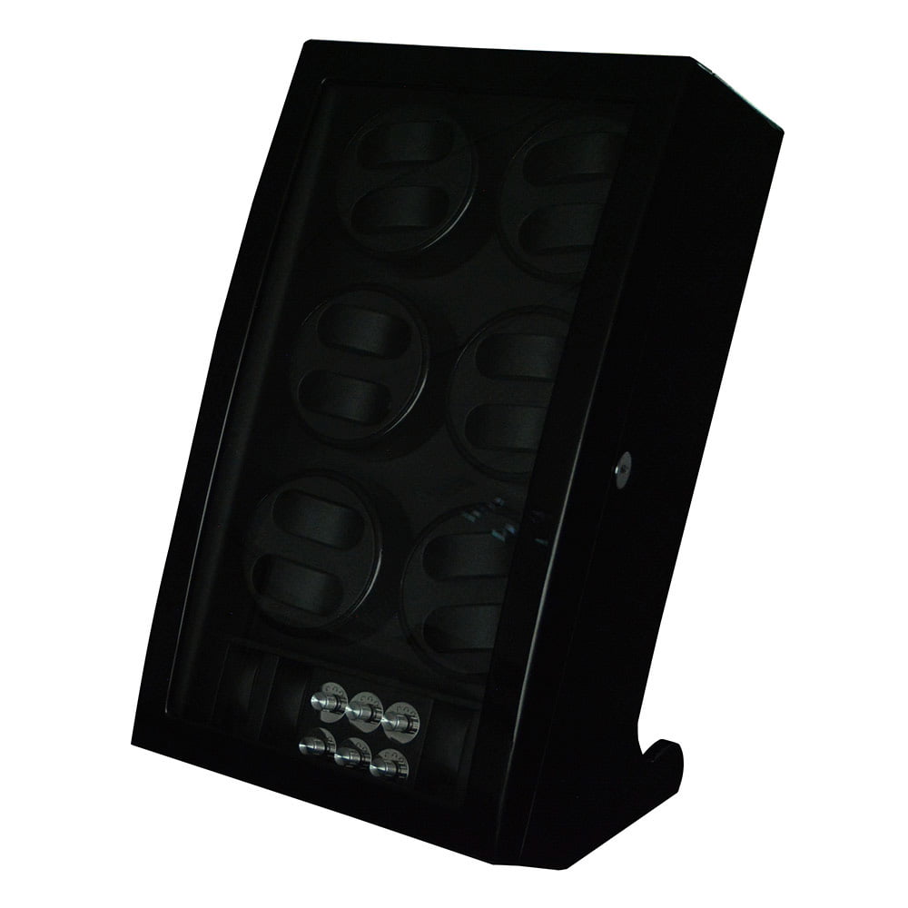 Black high-gloss 12 watch winder with closed tempered glass display window and angled cabinet design