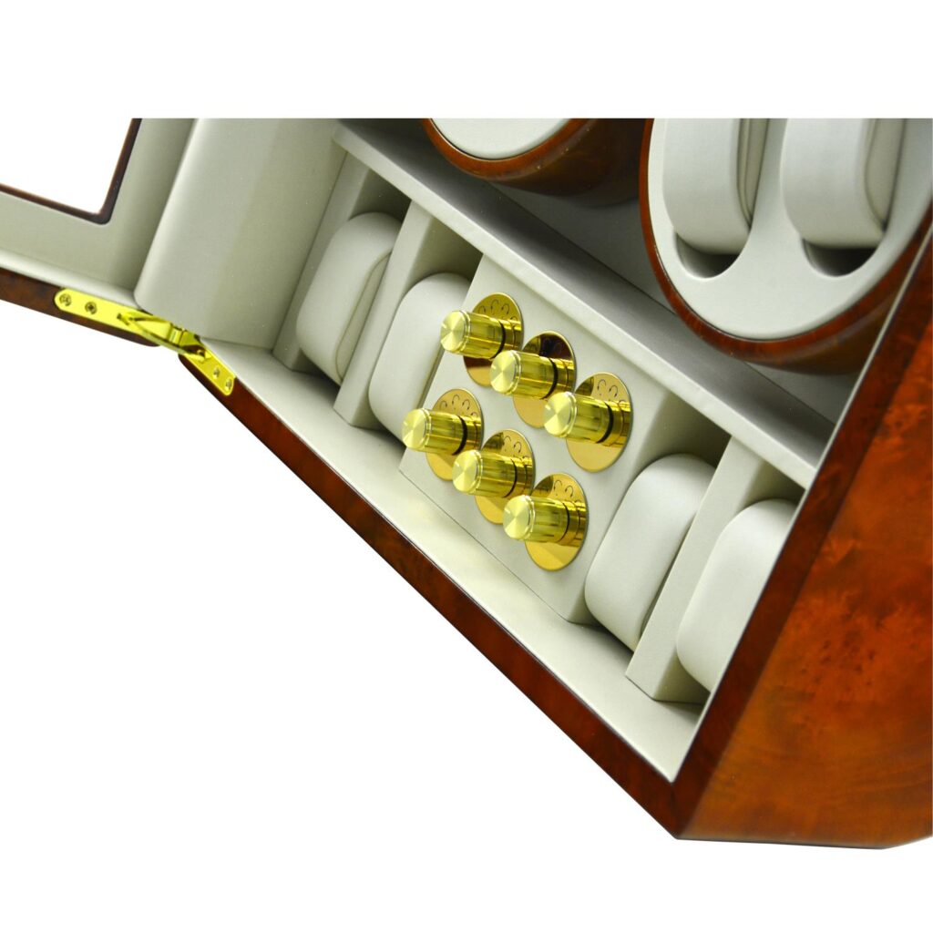 12 watch winder with high-gloss deep yellow cabinet, tempered glass display window and beige winding cushions