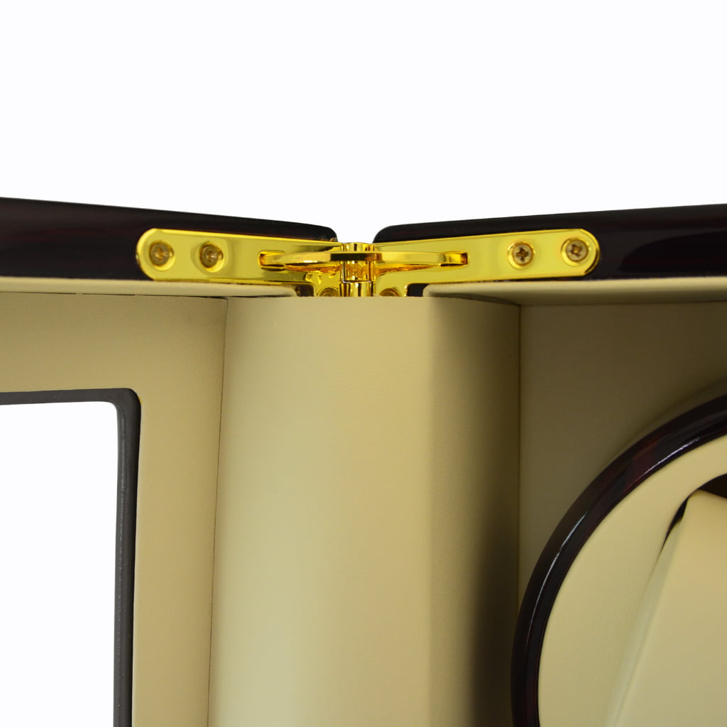 12 watch winder interior close-up showing gold-tone door hinge and beige PU leather-wrapped lining