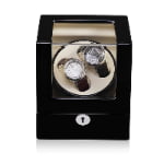 2-watch winder front view with high-gloss black exterior, white interior and acrylic display window