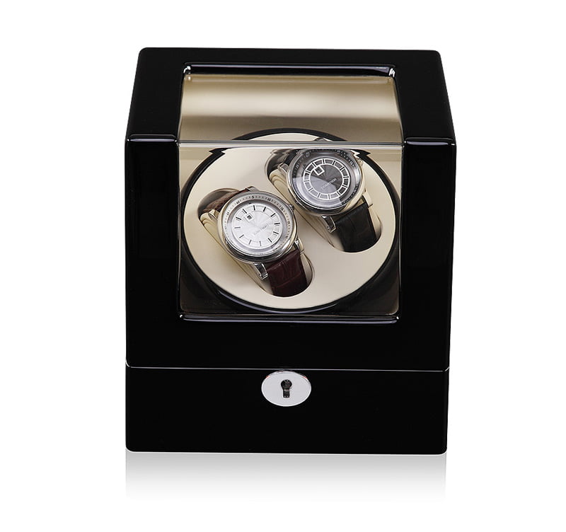 2-watch winder front view with high-gloss black exterior, white interior and acrylic display window