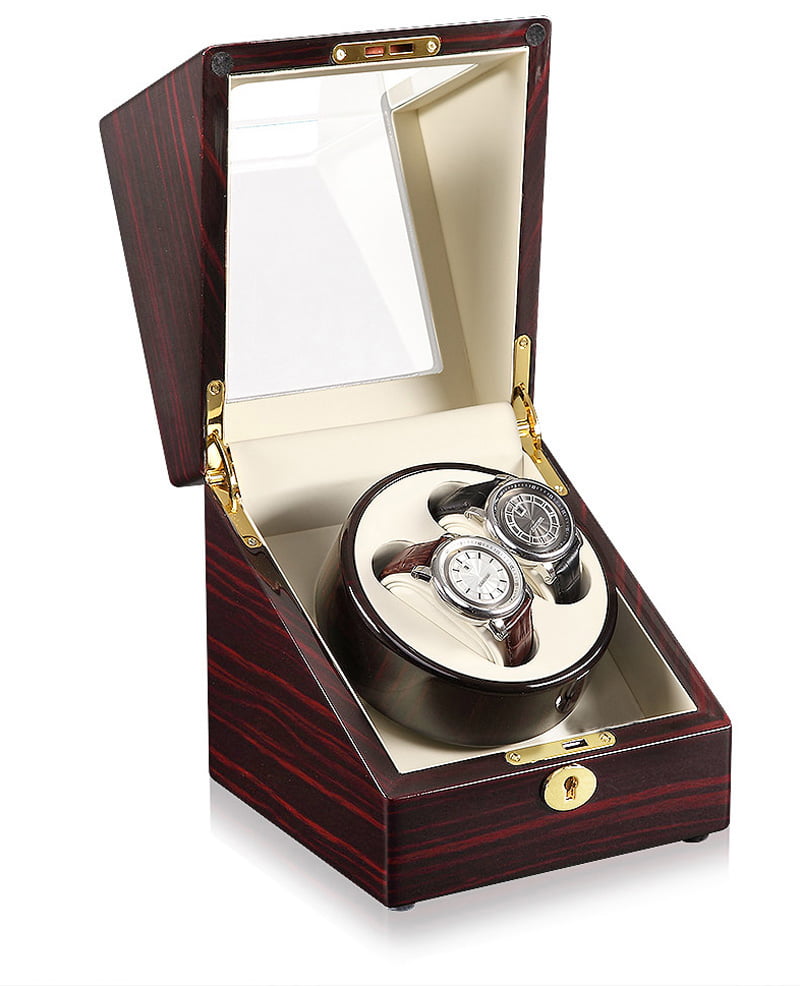 2-watch winder with open ebony wood-grain case, beige interior and two watches