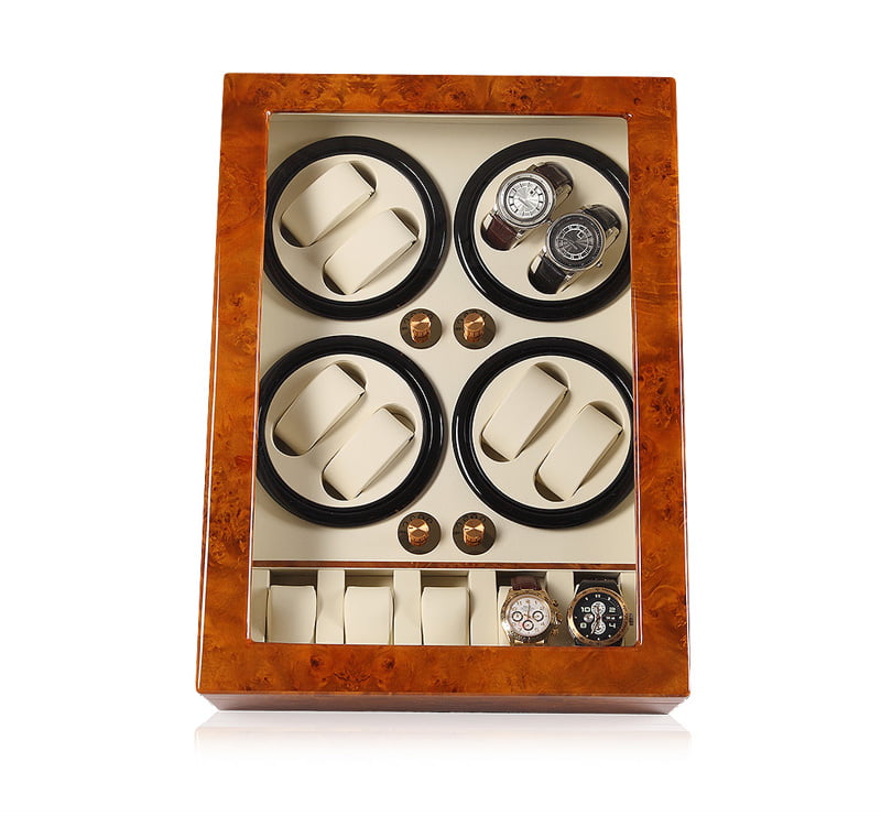 Eight watch winder with high-gloss wood finish, beige interior and five watch storage positions