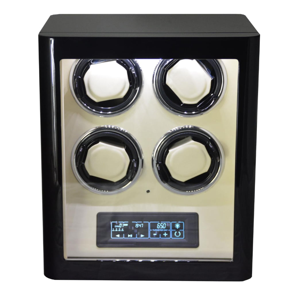 Black 4 watch winder with beige interior, four winding positions, touchscreen control and LED lighting