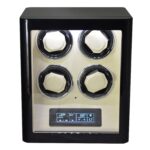 Black 4 watch winder with beige interior, four winding positions, touchscreen control and LED lighting